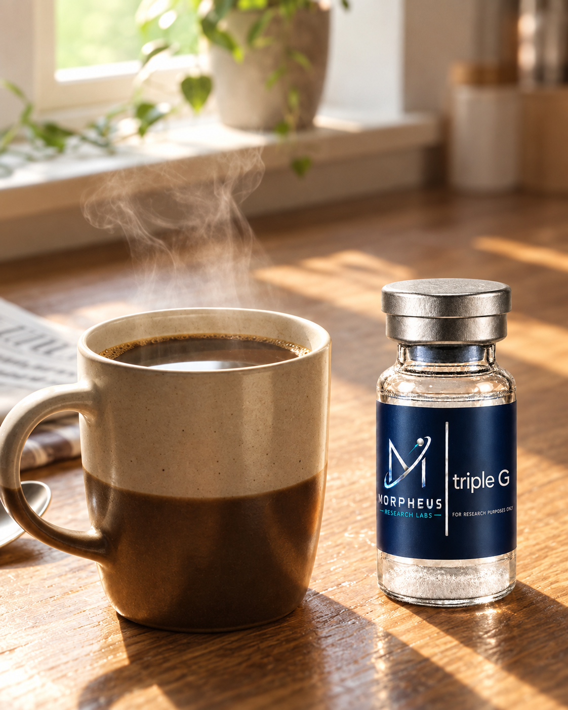 Coffee beside a Morpheus Triple G bottle