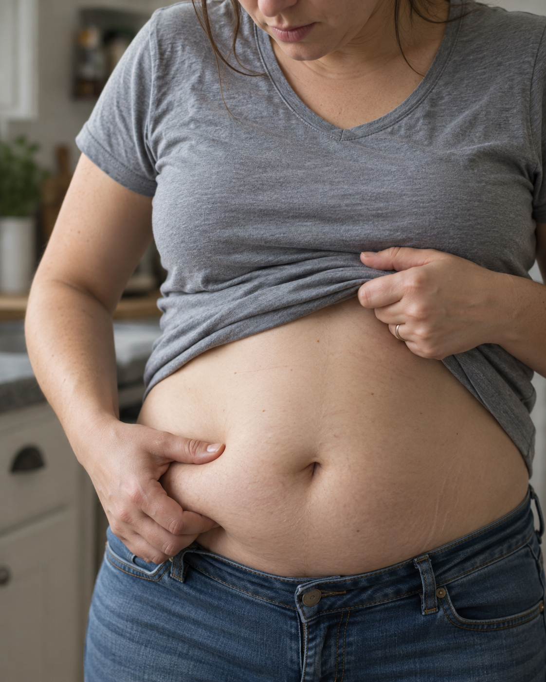 Woman considering abdominal weight in a home setting